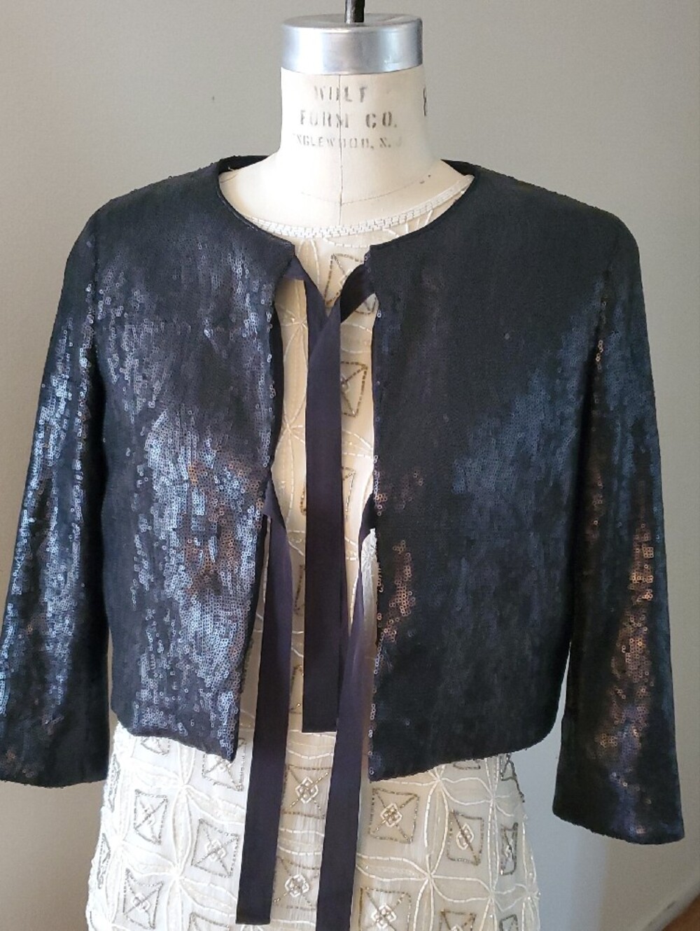 Dack Chocolate Sequin Cropped Jacket with Ivory Beaded Top, Made In Italy